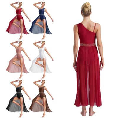 Lyrical Dance Dress for Women Sleeveless Glittery Rhinestones Asymmetrical Sheer Mesh Performance Wear