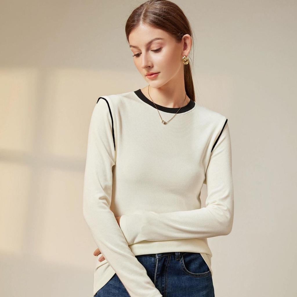Women's Classic Black & White Color Block Crew Neck Long Sleeve T-Shirt - Spring Collection Wool Acetate Lyocell Base Layer