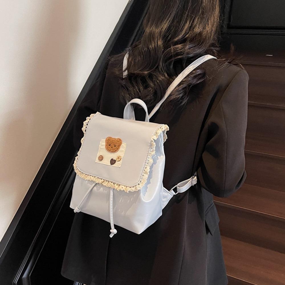 Ruffled Lace Drawstring Backpack Ballet Style Cute Bear Knapsack Sweet Fashion Backpack  Girls