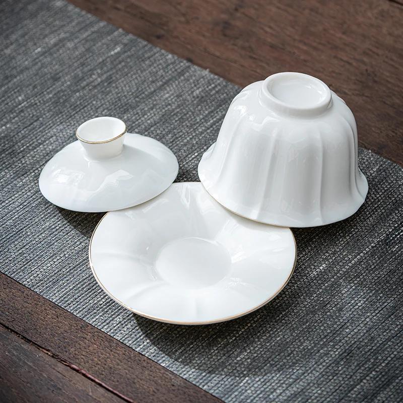 Biała Porcelana z Białego Porcelany Dehua z Motywem Złotej Owczej Tłuszczu, Trzyczęściowa Miseczka z Pokrywką, Ceramiczna Duża Miseczka na Herbatę, Zestaw do Herbaty Kung Fu