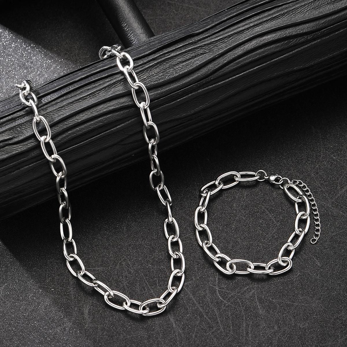 

2Pcs Chunky Stainless Steel Chain Necklace And Bracelet Set Punk Hip Hop Simple Jewelry Set for Women Men Unisex Accessory New