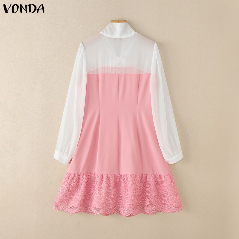 VONDA Women Casual Bow Knot Neck Long Sleeve Lace Crochet Patchwork Elegant Ruffled Dress