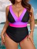 Große Größen Farbblock V-Ausschnitt Badeanzug Damen Raffung Bauchkontrolle Kurvig Badeanzug 3XL 4XL 5XL