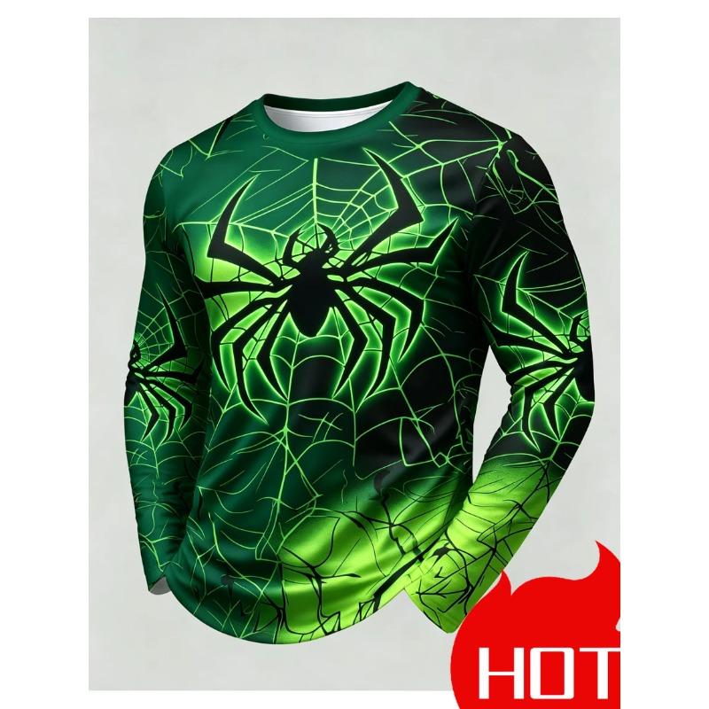 Men's Spider Web Printed Long Sleeved T-shirt For Autumn Casual Street Cool Animal Pattern Top Fashionable Party Style Pullover