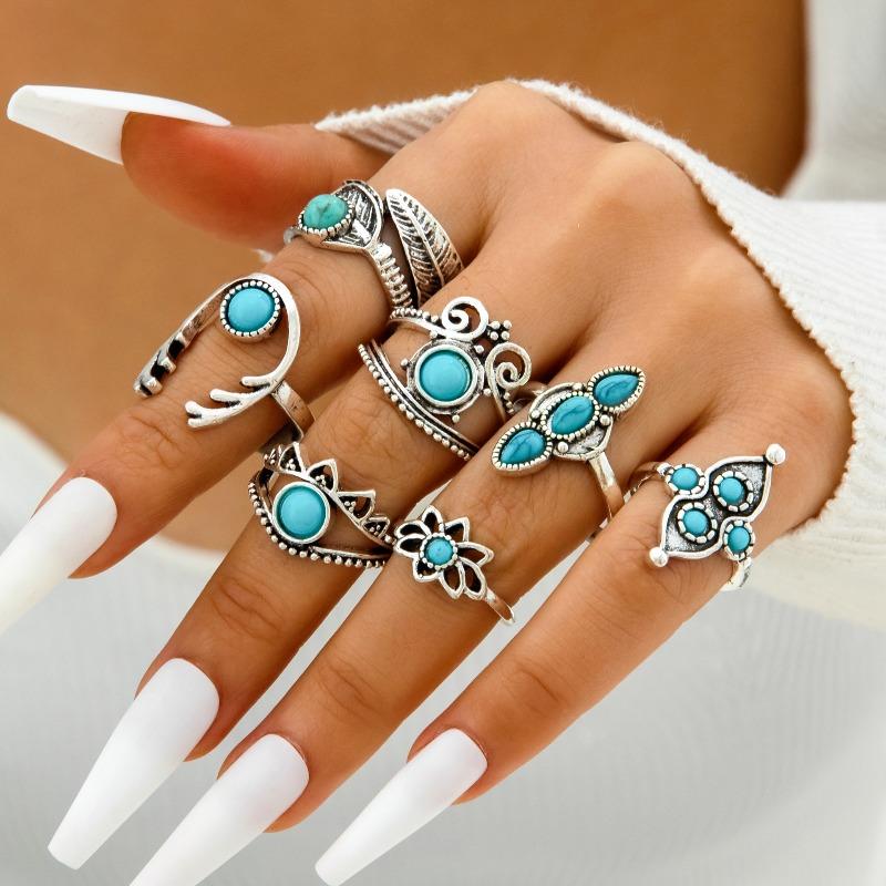 European and American Ethnic Style Carved Feather turquoise Ring Retro Personality Ring Set Combination Ring Set