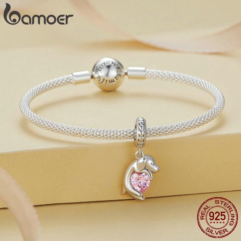 Bamoer 925 Silver Lovely Pet Series Poodle Hanging Bead Bulldog Charms for Women Bracelet and Necklace DIY Fine Jewelry