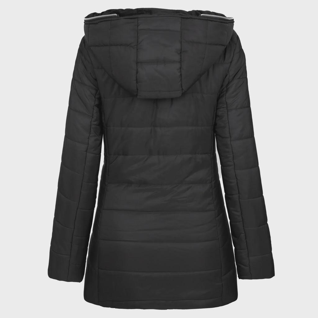Damen Winterjacke mit Kapuze, langen Ärmeln und mittellanger Reißverschlussjacke aus Samt und Baumwolle