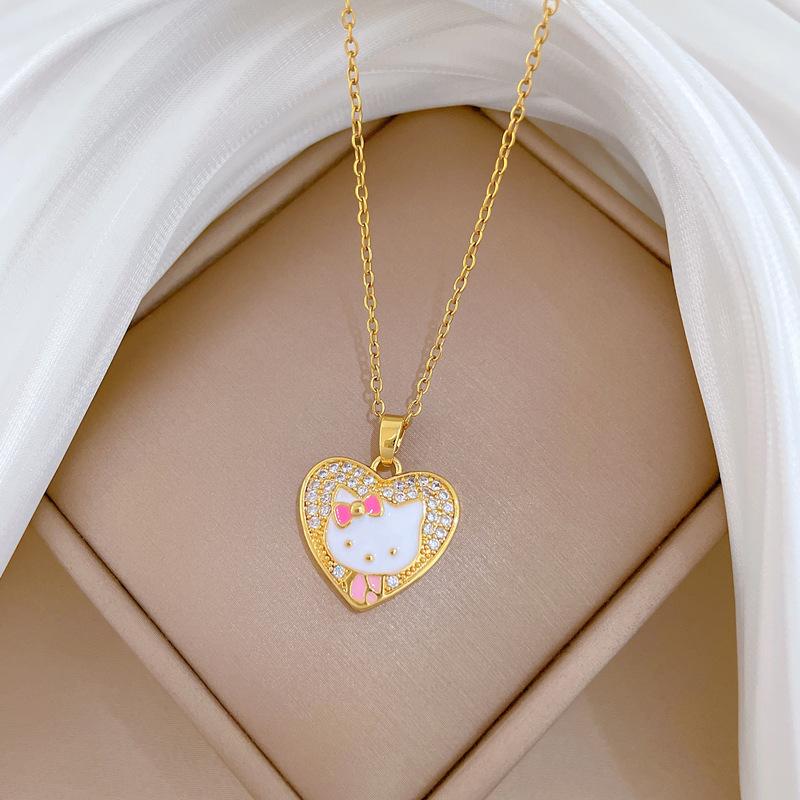 Titanium Steel, Love Dripping Oil Cat Full Diamond Temperament Gorgeous Full Diamond Necklace Female Versatile Collarbone Chain Titanium Steel Chain