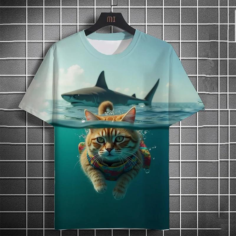 Men's T-shirt 3D Printed Funny Beach Catching Fish Kitten Printed Short Sleeve T-shirt Daily Casual Round Neck T-shirt Polyester