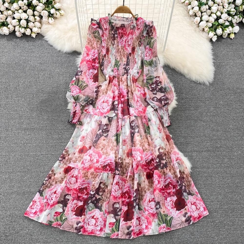 Tingfly Kobiety Moda Kwiatowy Nadruk Marszczony Elastyczny Szyfon Midi Długie Sukienki Pani Bohemska Zwiewna Codzienna Uliczna Sukienka Elbise Robes