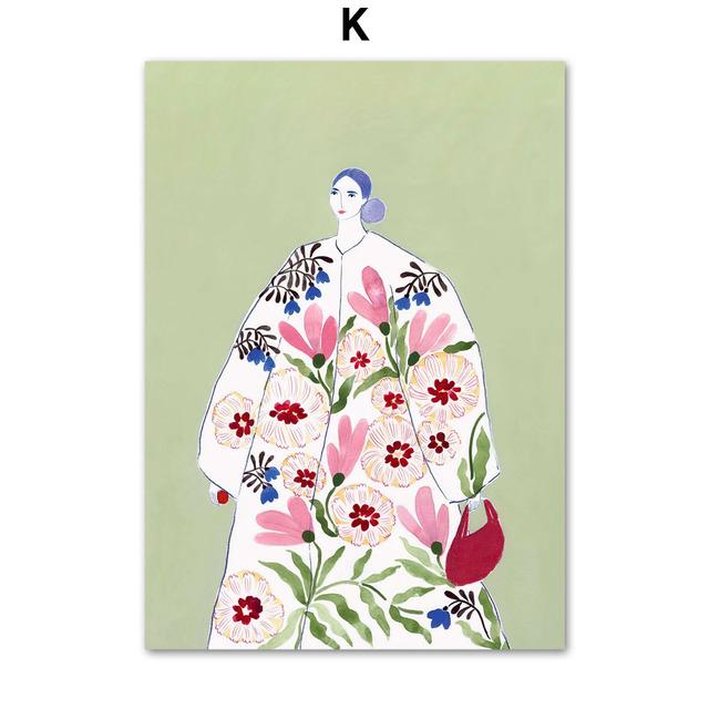Tulip Violets Vase Woman Coat Flower Light Green Abstract Poster Aesthetics Prints Wall Art Painting On Canvas Living Room Decor No Frame
