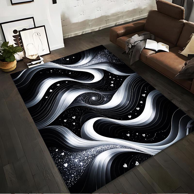 Abstract Black and White Galaxy Wave Carpet with Starry Patterns Suitable for Use As an Anti-slip for Living Room Bedroom Sofas