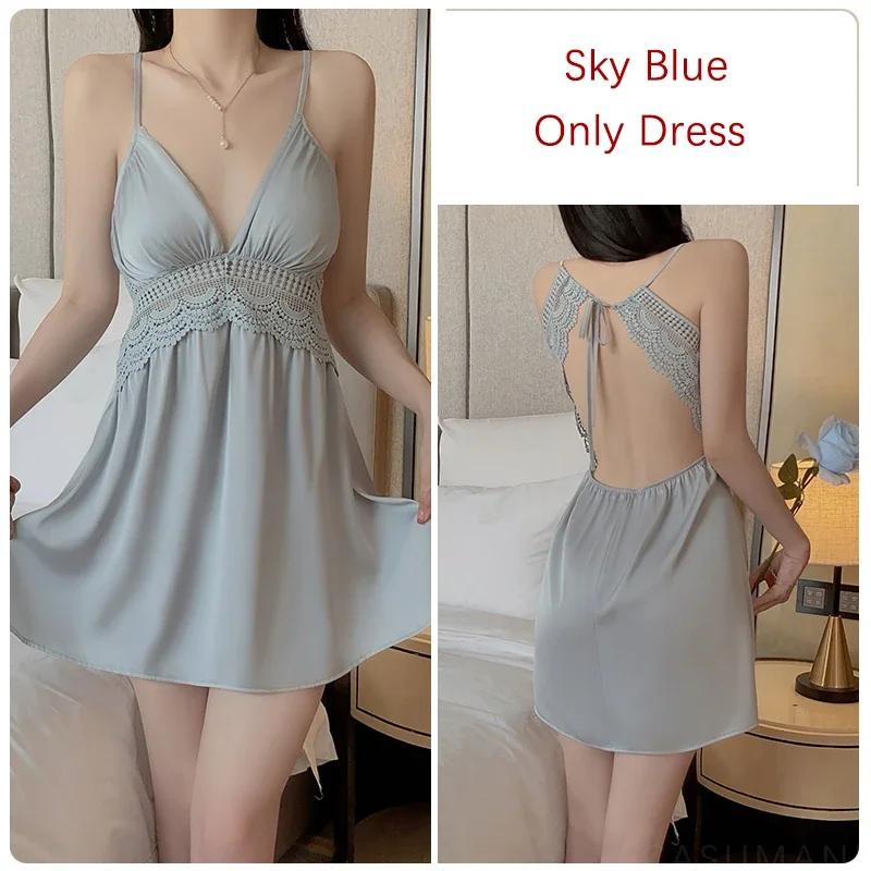 Pajama Set Women's Sexy Pajamas Satin Soft Backless Suspender Dress with Bra Pajama Set Women