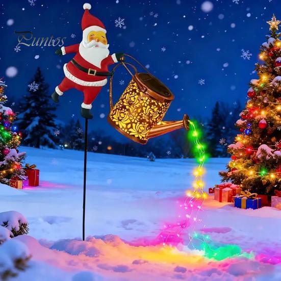 Metal Santa Silhouette Lawn Lamps Christmas Solar Kettle Light, Solar-Powered Claus Watering Can Stake Lamp Outdoor Fairy Lights for Garden