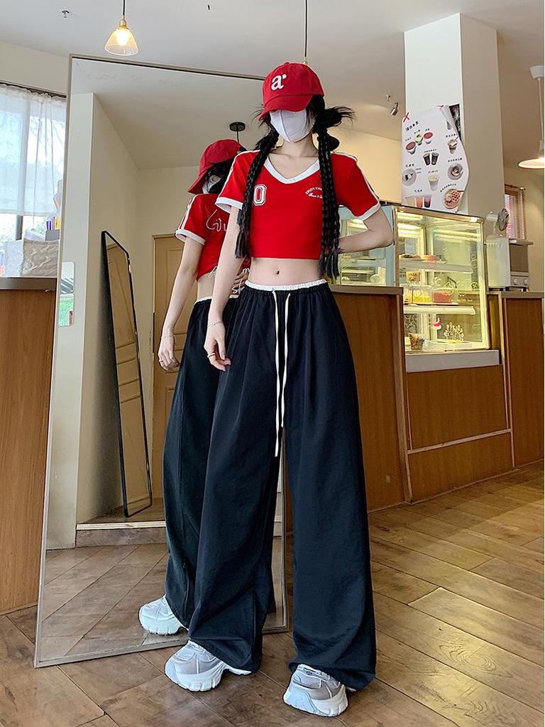 Korean Retro Colorblock Ice Silk Wide-Leg Summer Pants for Women