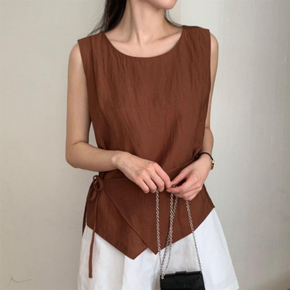New Arrivals Open Run Women Layered Wrap Ribbon Pleat Sleeveless Blouse