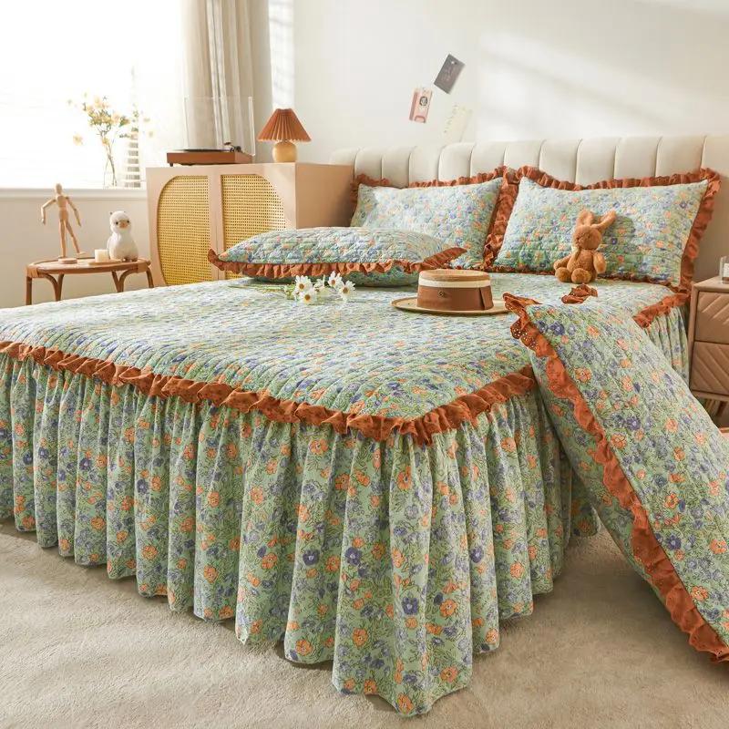3pcs Floral Pattern Cotton Bed Skirt Seasonal Universal Thick Bed Sheets Ruffle Edge Skirt Hem Anti Slip Dustproof Bedspread