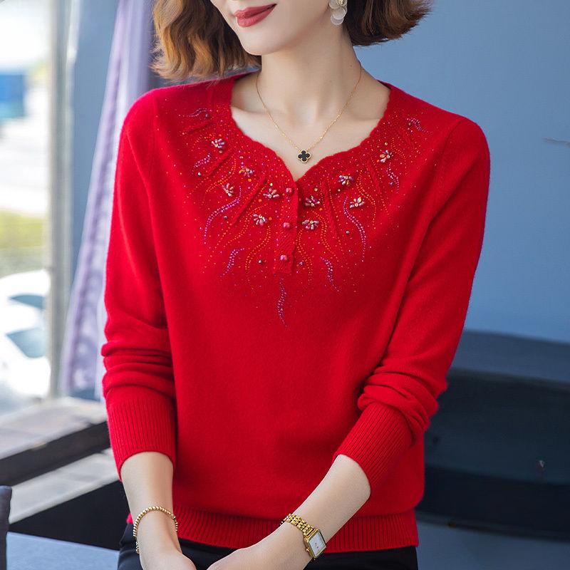 

Осенне-зимний женский кашемировый трикотаж Вышитые стразами свитера больших размеров Свободный пуловер Шерстяной свитер 2XL красный
