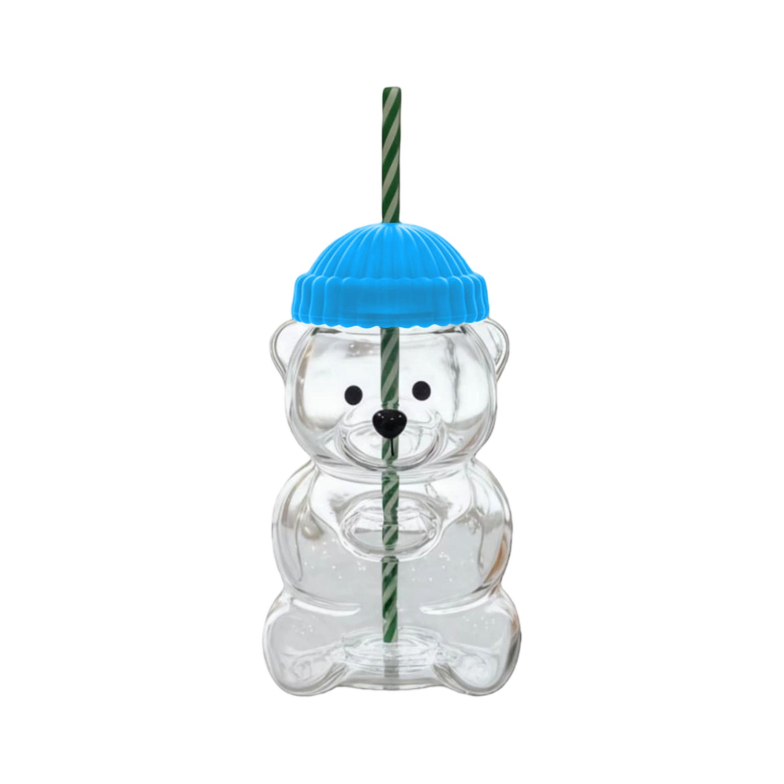 

Bear-Shaped Glass Straw Cup: Cute Transparent Design, Green Hat Water Cup One Size