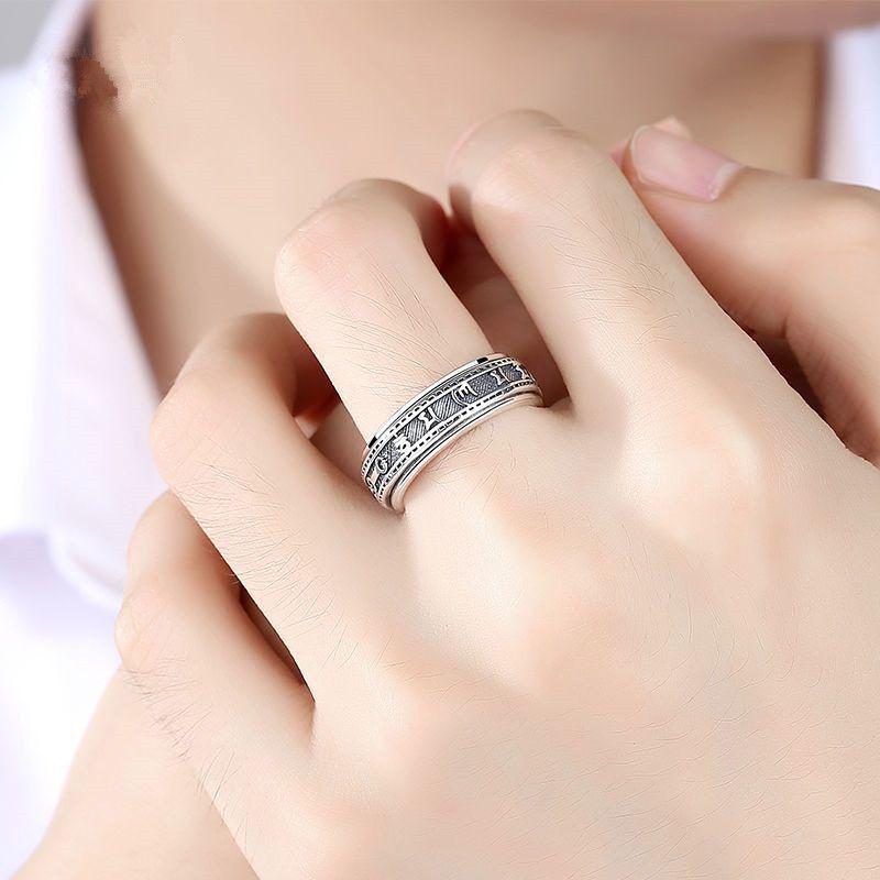 Men s 99% Pure Sterling Silver Ring with Six-Character Mantra - Retro Thai Index Finger Ring, Artistic and Stackable.
