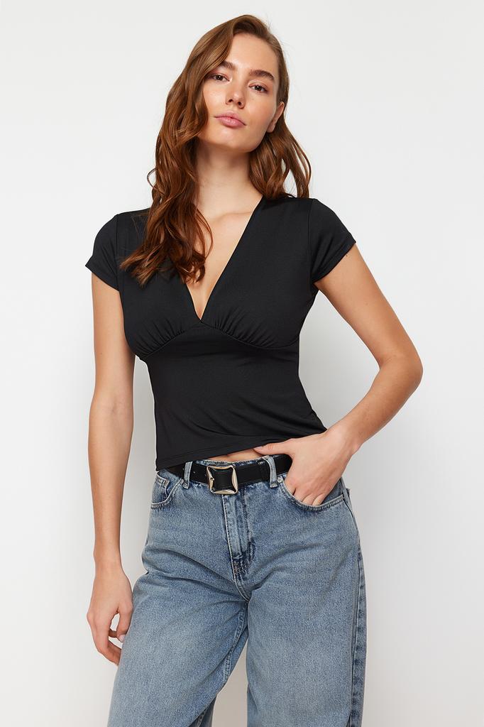 Modische Damenbluse mit V-Ausschnitt, kurz, blau, zweireihig, Krawatte, detaillierte Seersucker-Webbluse