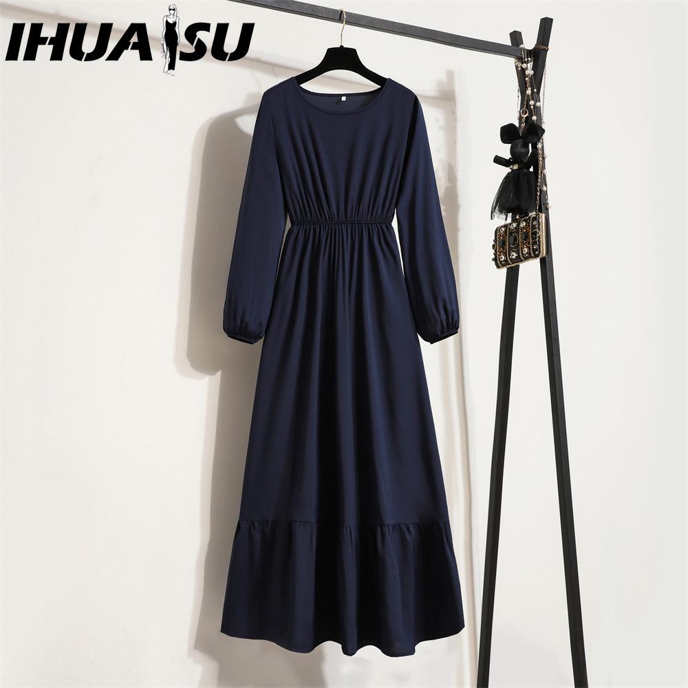 IHUASU 25 Colors Spring Women Maxi Dresses Casual Long Sleeve Floral Print O-Neck Ladies Long Dress Bohe Beach Party Mujer Vestidos Muslim Dress