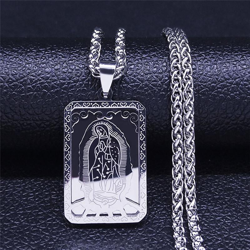 HNSP 316L Edelstahl Jungfrau Maria von Guadalupe Anhänger Quadratisches Medaillon Halskette Für Männer Religiöser Katholischer Schmuck Zubehör