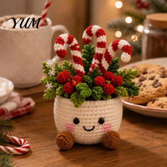 Decorative Yarn Craft for Home Simulated Crochet Christmas Potted Decor, Knitted Mini Artificial Tree Flower Wool Knitting Plants Ornament,