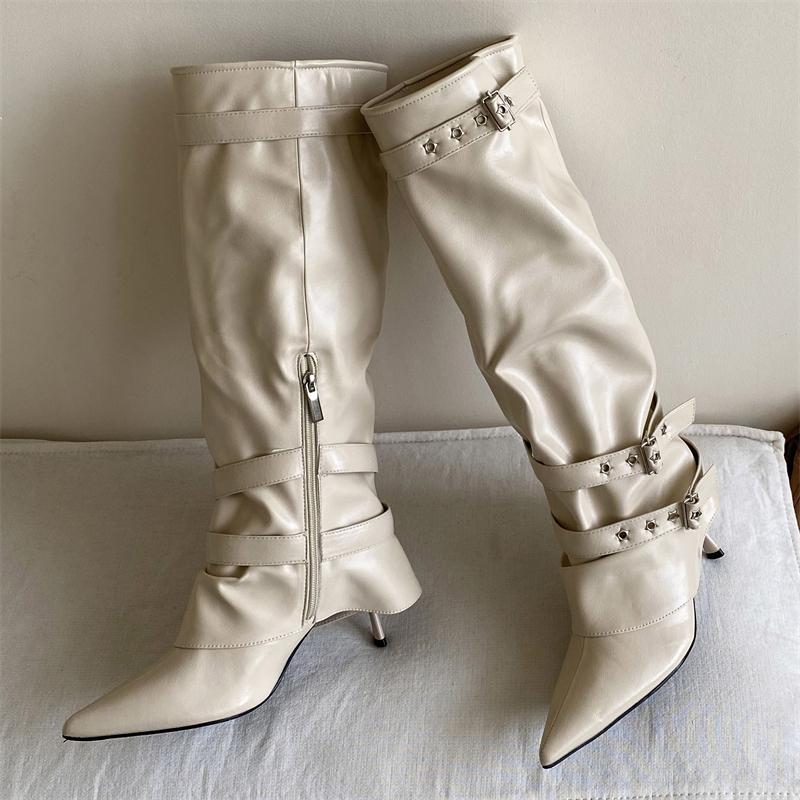 Fashion Eilyken Street Style Soft PU Leather Pointed TToe Woman Knee-High Boots Sexy Thin High Heels Belt Buckle Strap Zipper Shoes