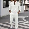 Men's Linen Long Sleeve Button-Up Shirt and Pants Set Loose Fit Casual Two Piece Outfit