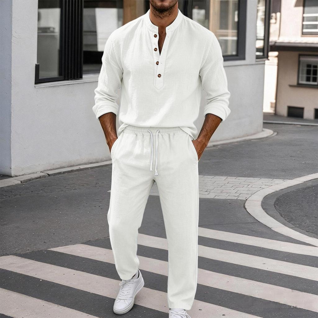 Men's Linen Long Sleeve Button-Up Shirt and Pants Set Loose Fit Casual Two Piece Outfit