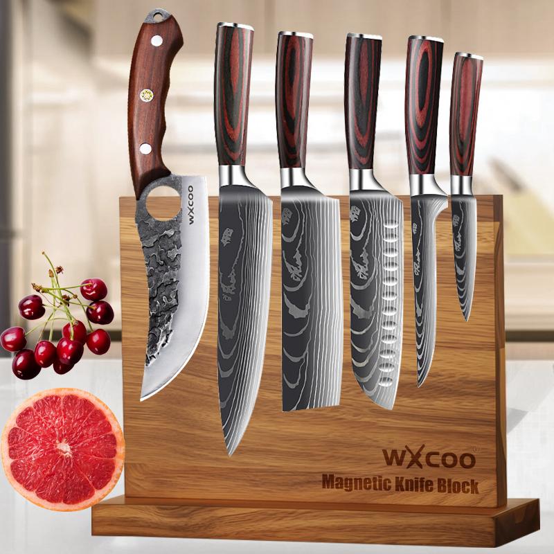 Double-sided Magnetic Knife BlockJapanese Santoku Knives Damascus Steel Pattern Chef Knife Butcher Cutting Meat