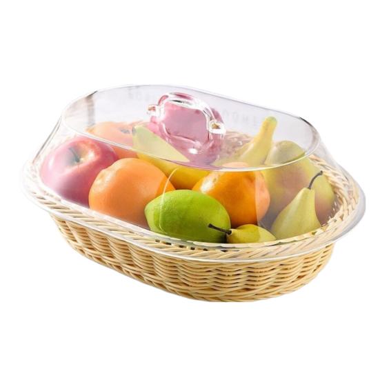 Brotkorb aus Rattan-Imitat mit Acryldeckel zur Aufbewahrung von Lebensmitteln. Multifunktionaler gewebter Essenskorb für Obst, Gebäck, Schlüssel, Geldbörsen