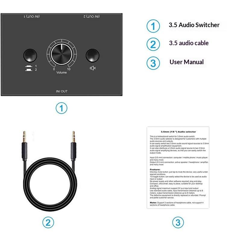 Switch Audio Stereo a 3,5 mm a 2 Vie Bidirezionale Splitter Box 2 In 1 Out 1 In 2 Out Con Pulsante Mute