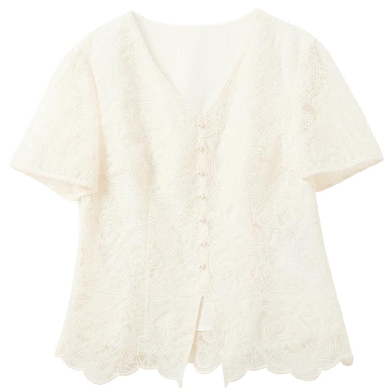 Sancai Plus Size V-Neck Lace Short Sleeve Top M