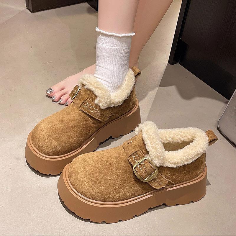 Leather thick-soled fluffy women's winter new women's shoes piled thickened warm loafers cotton shoes snow boots