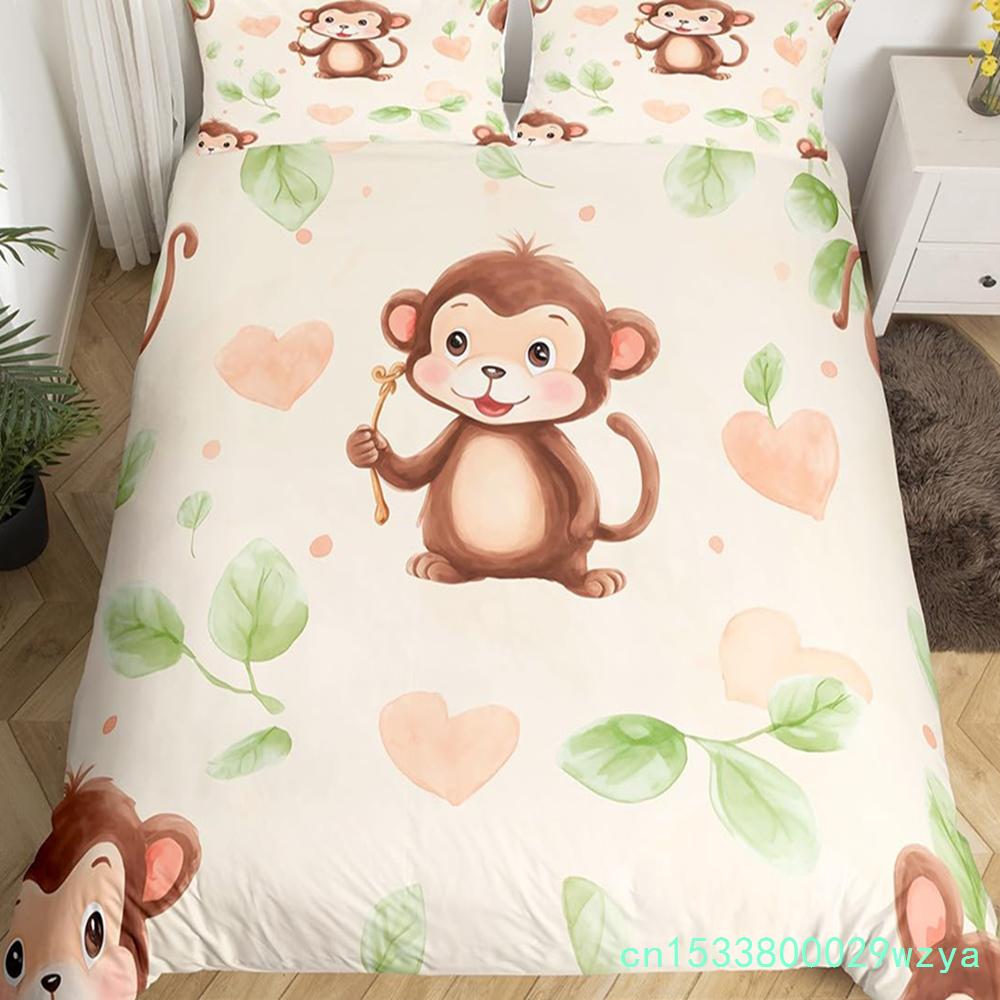 Cute Monkey Bedding Set Full Twin Cartoon Banana Stars Duvet Cover Tropical Wild Animal Fruit Comforter Cover Yellow Quilt Cover