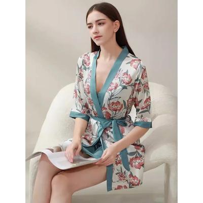 Silk Women's Printed Two Piece Robe Set Home Wear Sexy Pajamas Pajamas Pajamas Kimono Bathrobe Gown Two Piece Pajamas Set
