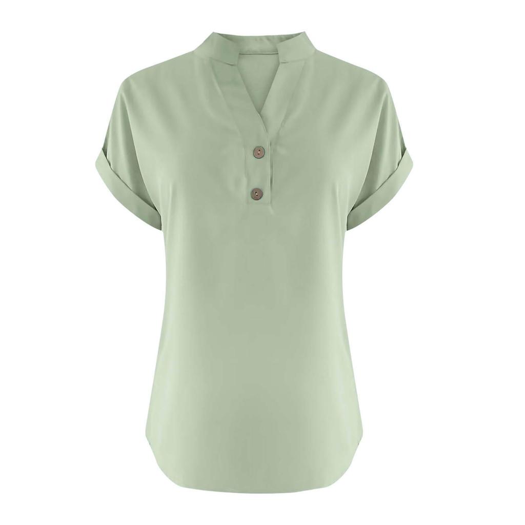 2025 Women's Solid Color V-Neck Buttoned Cotton-Linen Short-Sleeve Top