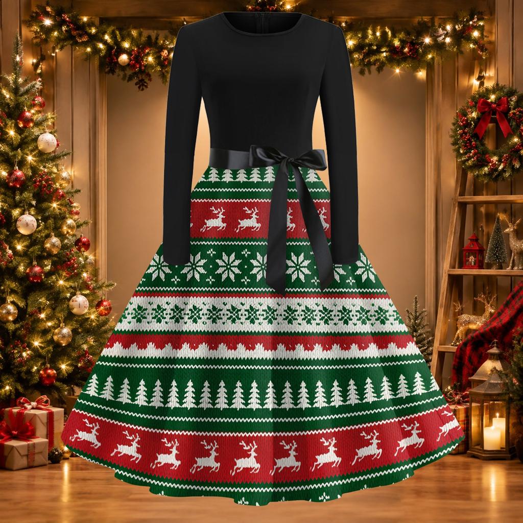 Women's Casual Fashion Christmas Print Round Neck Vintage Dress for Holiday Parties