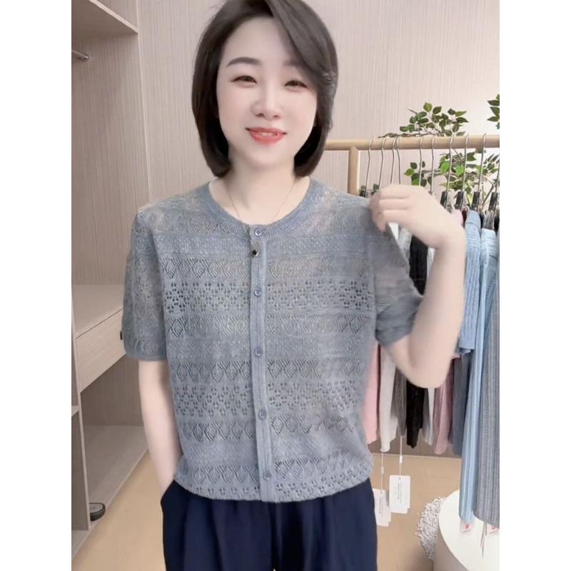 Women's Hollow Out Knit Cardigan Short Sleeve Button Up Lightweight Sheer Summer Casual Top