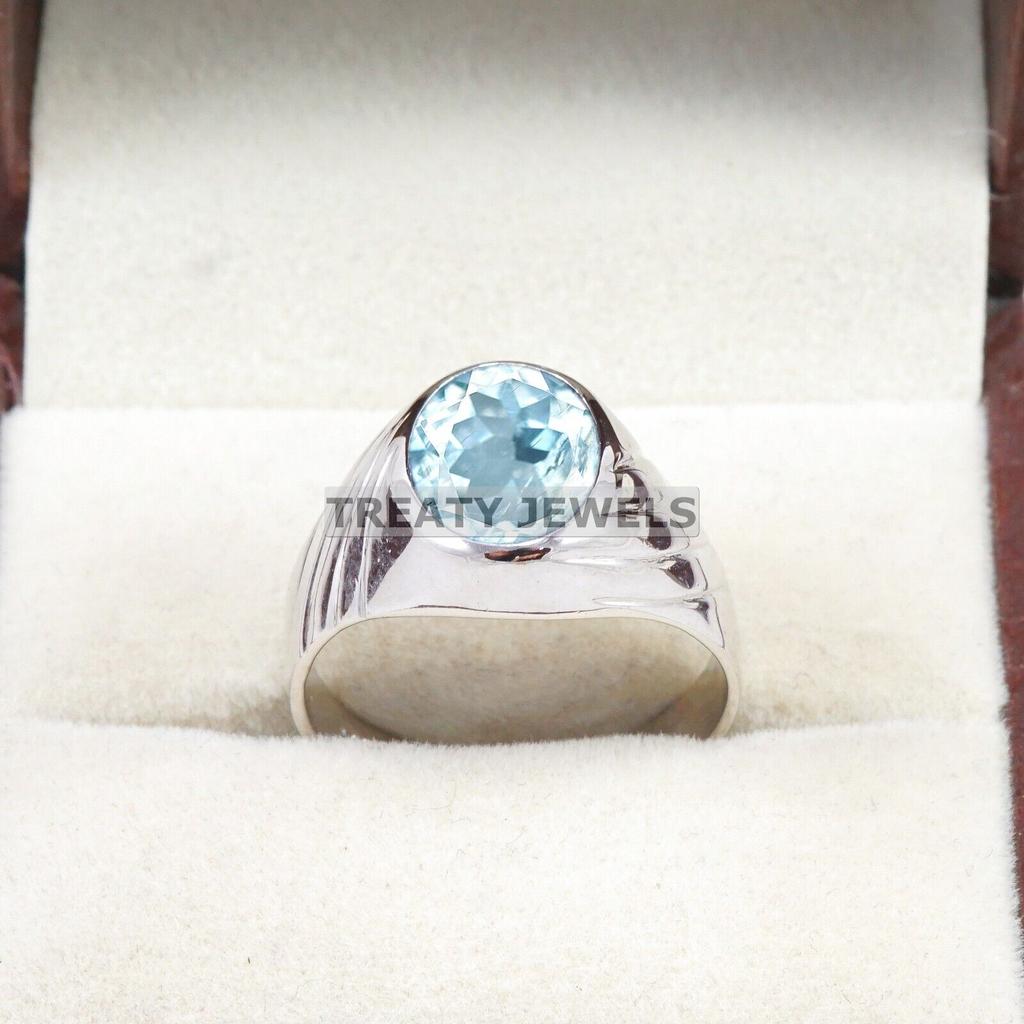 Aquamarine Oval Cut Gemstone With 925 Sterling Silver Ring For Men's #A762 JL375659112397