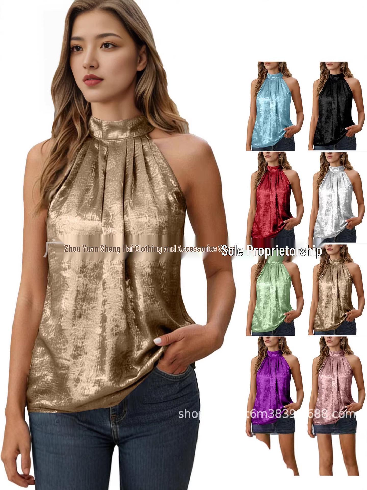 

2025 Women s Gold Pleated Halter Sleeveless Casual Beach Shirt - European & American Style XL