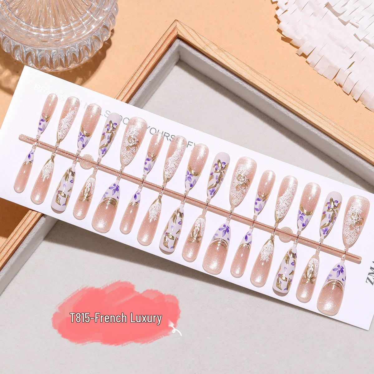 French Luxury Long Almond Purple Floral Gold Foil 3D Cat Eye Wearable Nail Stickers T815#