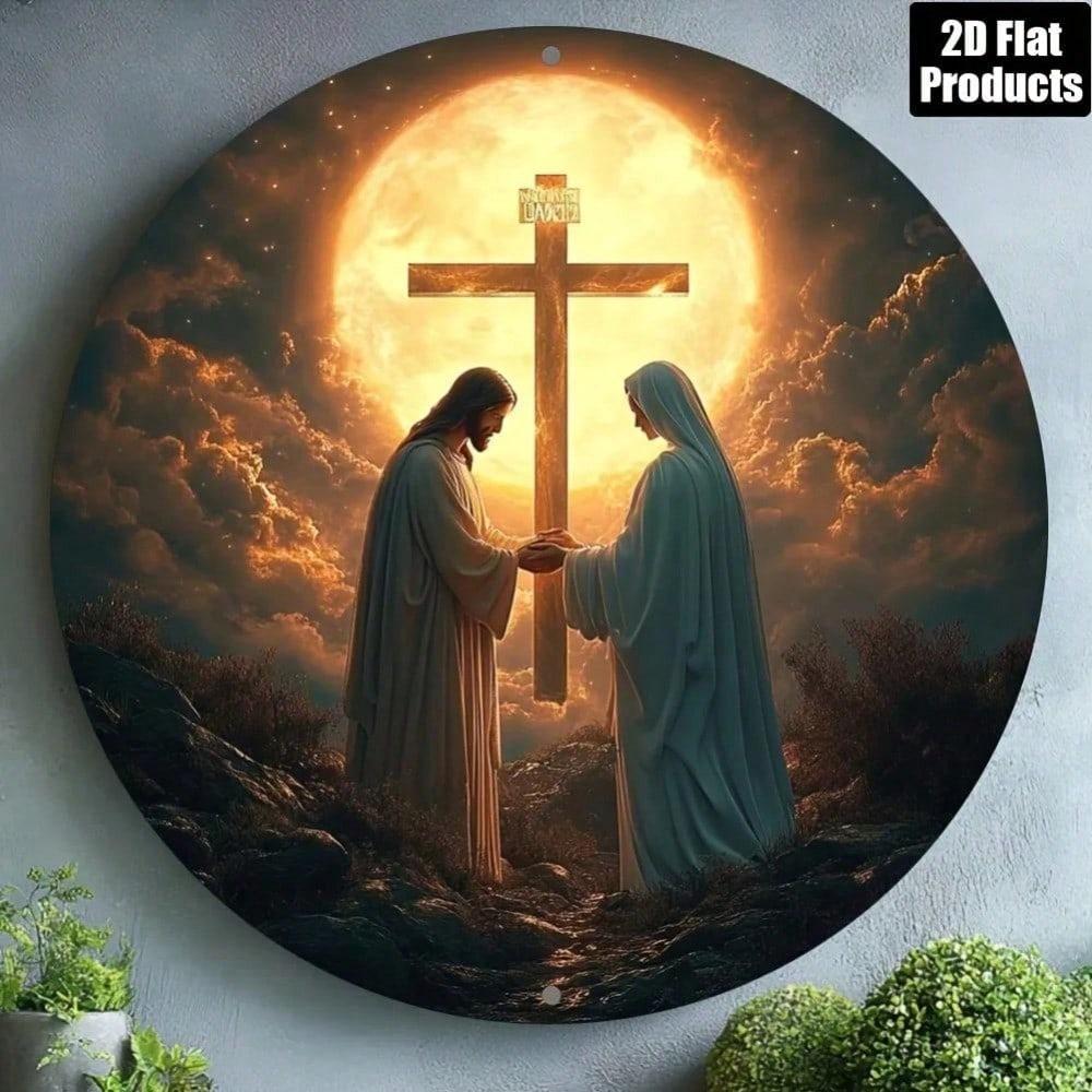 Croix Chrétienne Jésus-Christ Panneau Métallique Art en Fer Blanc Rond Décor Mural Religieux Maison Église Bar Café Man Cave Intérieur Extérieur