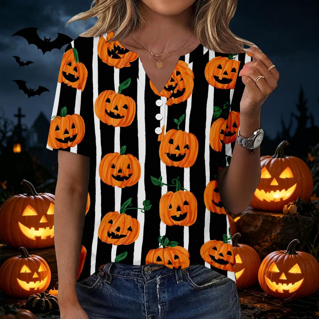 Women's Casual Halloween Print V Neck Short Sleeve Button Detail T Shirt Top Suitable for Everyday Wear and Seasonal Events