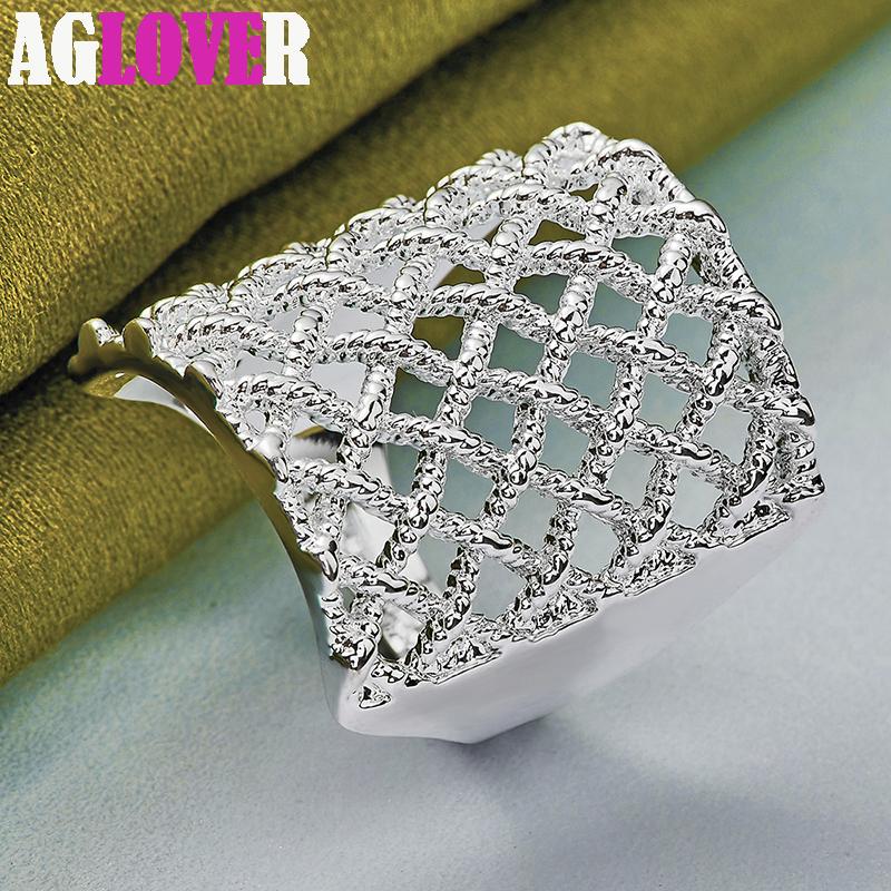 925 Sterling Silver Mesh Square Ring Charm Jewelry