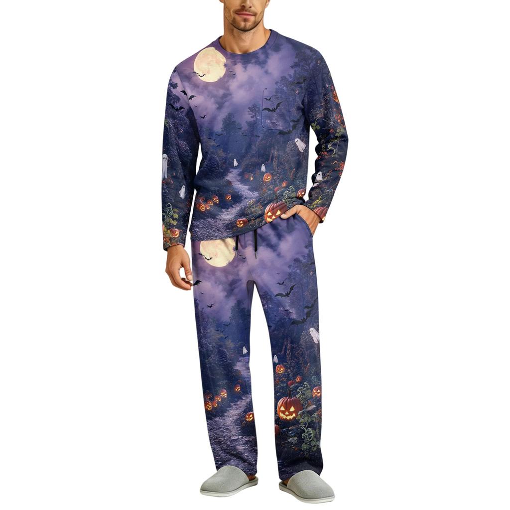 Men's Halloween Pajama Set Long Sleeve with Button Fly and Elastic Waist Drawstring for Sleepwear