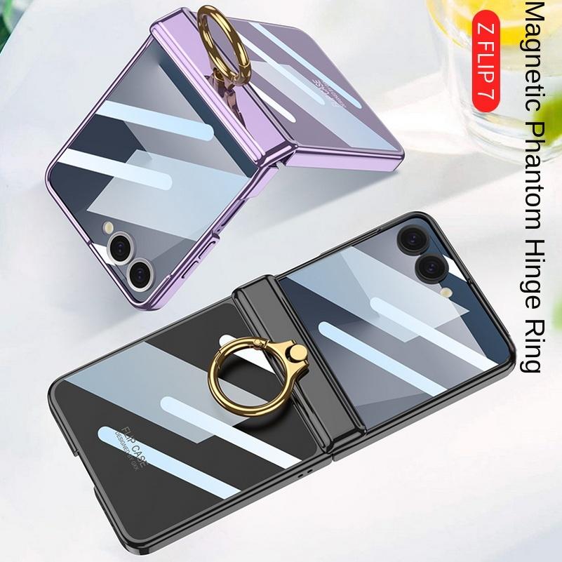 Ultra-thin transparent plated frame with Ring clasp glass protective film case for Samsung Galaxy Z Flip 7 flip7 Protect Cover