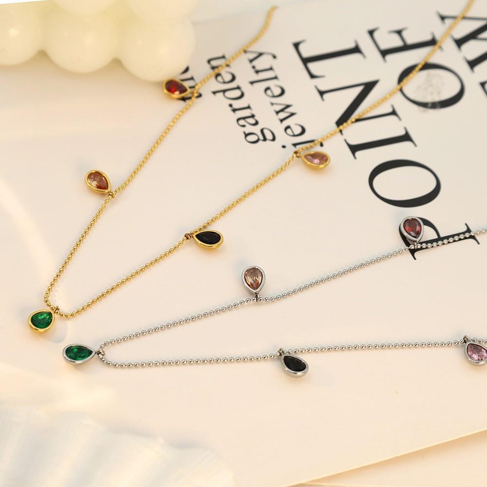Bohemian Style Multi-Color Contrasting Color Color Water Drop Shape Zircon Collarbone Chain Necklace Women'S Fashion Titanium Steel Jewelry